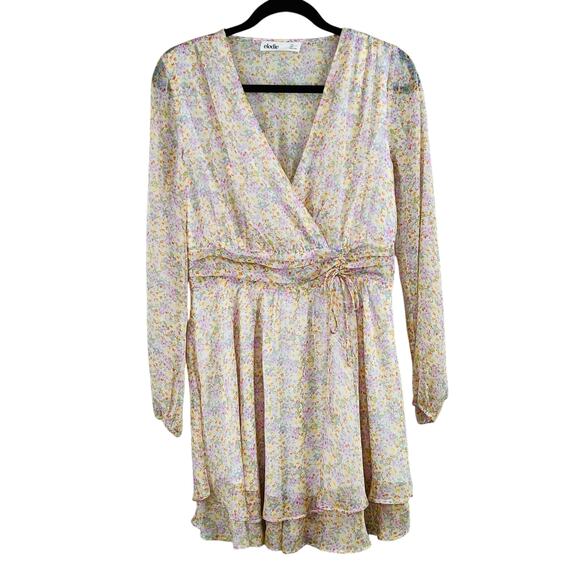 Elodie White Multi Floral Sheer Ruched Front Tie Surplice Mini Dress Medium NWOT - Picture 2 of 16